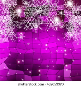 Falling snowflakes on a purple background with polygonal elements. vector illustration. graphic arts and design. a series of images for the new year and Christmas