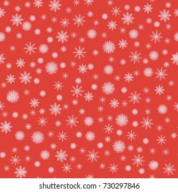 Falling snowflakes on a red background. Snowfall. Design for a Christmas, winter banner, poster, postcard. Vector illustration.