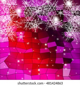 Falling snowflakes on a red and purple background with polygonal elements. vector illustration. graphic arts and design. a series of images for the new year and Christmas