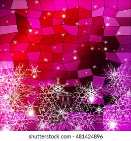 Falling snowflakes on a red and purple background with polygonal elements. vector illustration. graphic arts and design. a series of images for the new year and Christmas