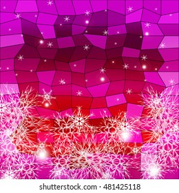Falling snowflakes on a red and purple background with polygonal elements. vector illustration. graphic arts and design. a series of images for the new year and Christmas