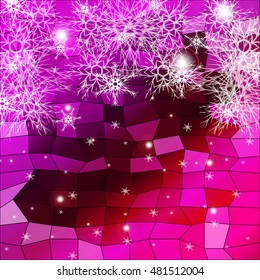 Falling snowflakes on a red and purple background with polygonal elements. vector illustration. graphic arts and design. a series of images for the new year and Christmas