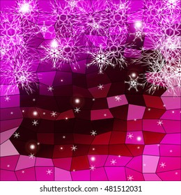 Falling snowflakes on a red and purple background with polygonal elements. vector illustration. graphic arts and design. a series of images for the new year and Christmas
