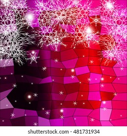 Falling snowflakes on a red and purple background with polygonal elements. vector illustration. graphic arts and design. a series of images for the new year and Christmas