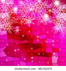 Falling snowflakes on a red and purple background with polygonal elements. vector illustration. graphic arts and design. a series of images for the new year and Christmas