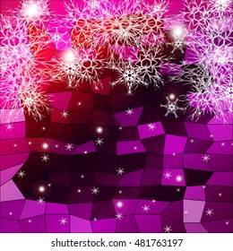 Falling snowflakes on a red and purple background with polygonal elements. vector illustration. graphic arts and design. a series of images for the new year and Christmas
