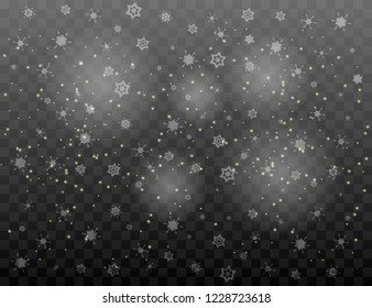 Falling snowflakes on a transparent background. Snowflake transparent decoration effect. Magic white snowfall texture. Winter snowstorm. Falling snowflakes on a transparent background. Snowfall vector