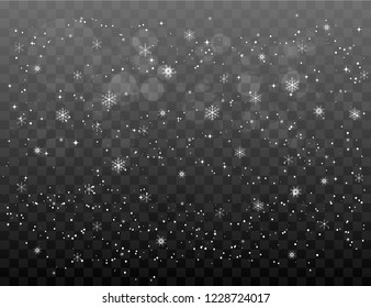 Falling snowflakes on a transparent background. Snowflake transparent decoration effect. Magic white snowfall texture. Winter snowstorm. Falling snowflakes on a transparent background. Snowfall vector