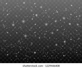 Cae copos de nieve en un fondo transparente.Efecto decorativo transparente copo de nieve. Textura mágica de nevada blanca. Tormenta de nieve en invierno. Cae copos de nieve en un fondo transparente. Vector de nieve