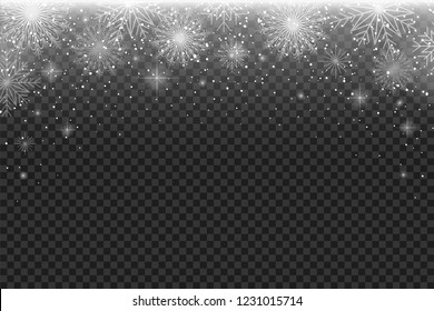 Falling snowflakes on transparent background. Background template for festive invitation, poster, booklet and postcard. Isolated.  Vector illustration 