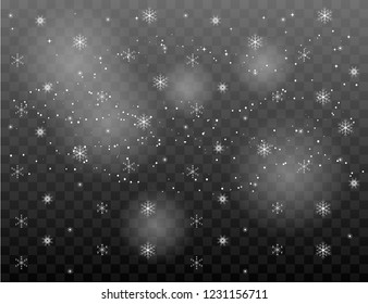 Falling snowflakes on a transparent background. Snowflake transparent decoration effect. Magic white snowfall texture. Winter snowstorm. Falling snowflakes on a transparent background. Snowfall vector