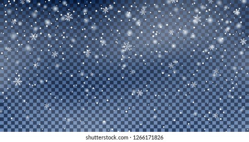Falling snowflakes on transparent background. Winter snowy banner