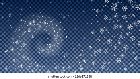 Falling snowflakes on transparent background. Winter snowy banner