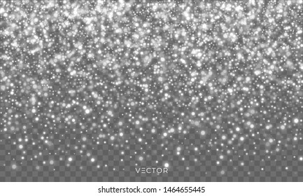 Falling snowflakes on transparent background. Vector Christmas snow fall overlay effect

