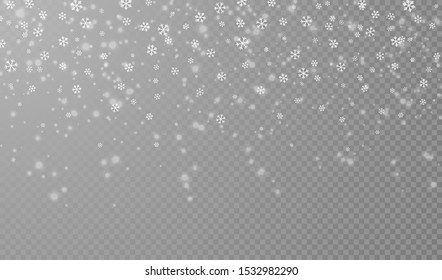 Falling snowflakes on transparent background. Christmas snow. Vector illustration.