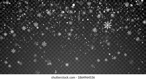 Falling snowflakes on transparent background. Christmas Snowfall template. Xmas holiday background. Vector illustration