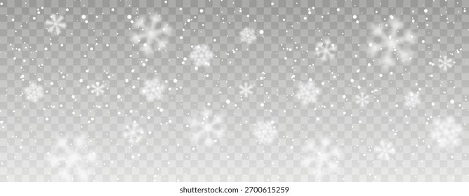 Copos De Nieve Caídos Sobre Fondo Transparente Con Resplandor Suave Y Efecto Bokeh Ligero. Diseño de nevadas de Navidades de invierno. Ilustración vectorial.