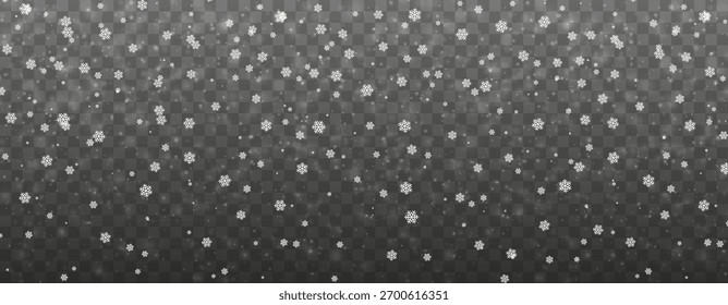 Falling Snowflakes On Transparent Background With Soft White Light Glow. Winter Frost And Christmas Holiday Concept For Greeting Or Overlay Design. Vector Illustration