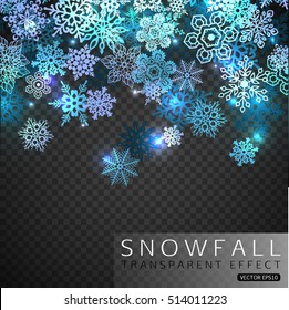 Cae copos de nieve sobre fondo transparente. Ilustración del vector