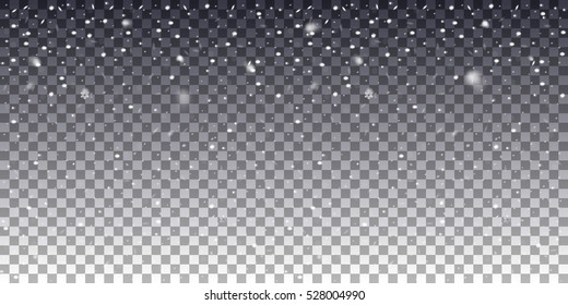 Falling snowflakes on a transparent background. Snowfall vector illustration. Abstract horizontal winter backdrop. Fall of snow. EPS 10