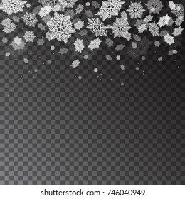  Falling snowflakes  on transparent  background. Christmas  winter snowfall.  Xmas vector snow texture.