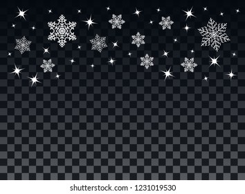 Falling snowflakes on a transparent dark background. Overlay design element. Winter decoration for New Year and Christmas holiday. Vector illustration.