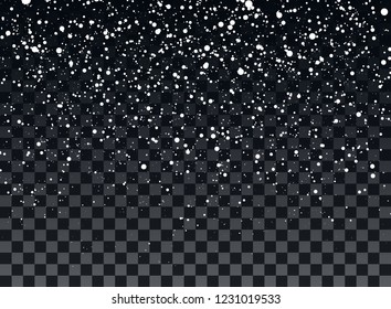 Falling snowflakes on a transparent dark background. Overlay design element. Winter decoration for New Year and Christmas holiday. Vector illustration.