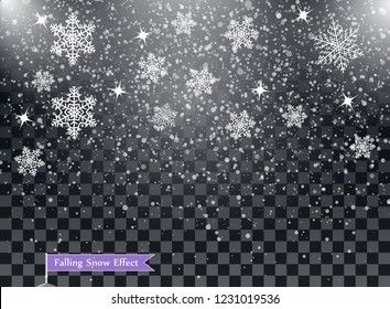 Falling snowflakes on a transparent dark background. Overlay design element. Winter decoration for New Year and Christmas holiday. Vector illustration.