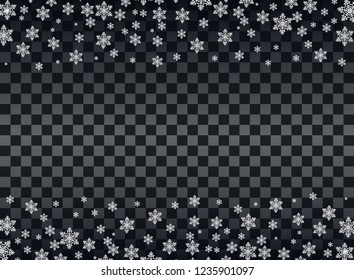 Falling snowflakes on a transparent dark background. Overlay design element. Winter decoration for New Year and Christmas holiday. Vector illustration.