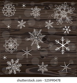 Falling snowflakes on wood seamless texture. Natural dark wooden background. Vector illustration