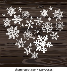 Falling snowflakes on wood seamless texture. Natural dark wooden background. Vector illustration