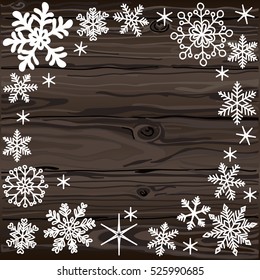 Falling snowflakes on wood seamless texture. Natural dark wooden background. Vector illustration