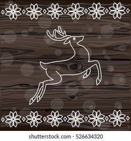 Falling snowflakes on wood seamless texture. Natural dark wooden background. Vector illustration.