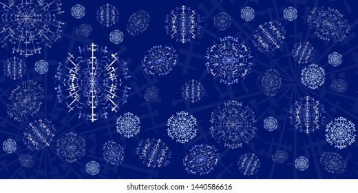 Falling snowflakes of the original form in the style of hand-drawing on a dark blue background. Winter background for wrapping paper, print fabric. For the design of winter themes.