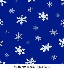 The falling snowflakes. Seamless background. 3D snowflakes. Blue seamless background. New year Christmas. Paper packing