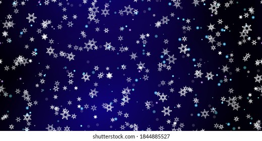 Falling Snowflakes seamless pattern. Illustration with flying snow, frost, snowfall. Winter seamless print for christmas celebration on blue night background. Holiday Vector illustration for New Year