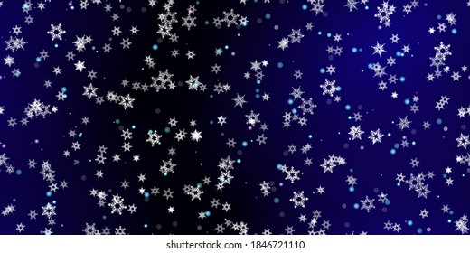 Caer Copos de nieve sin fisuras. Ilustración con nieve voladora, heladas, nevadas. Impresión perfecta de invierno para celebración de navidad en fondo azul de noche. Ilustración de vectores de vacaciones para Año Nuevo