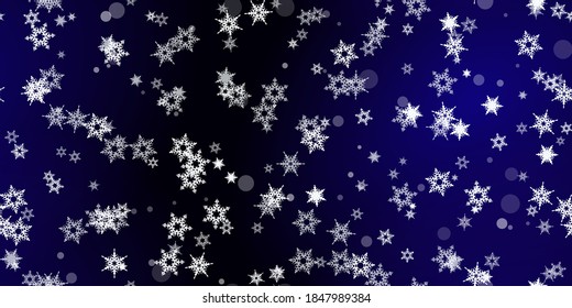 Caer Copos de nieve sin fisuras. Ilustración con nieve voladora, heladas, nevadas. Impresión perfecta de invierno para celebración de navidad en fondo azul de noche. Ilustración de vectores de vacaciones para Año Nuevo