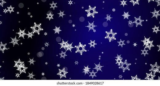 Falling Snowflakes seamless pattern. Illustration with flying snow, frost, snowfall. Winter seamless print for christmas celebration on blue night background. Holiday Vector illustration for New Year