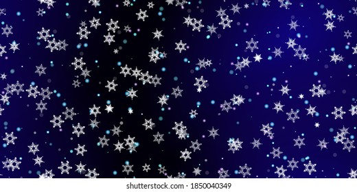 Caer Copos de nieve sin fisuras. Ilustración con nieve voladora, heladas, nevadas. Impresión perfecta de invierno para celebración de navidad en fondo azul de noche. Ilustración de vectores de vacaciones para Año Nuevo