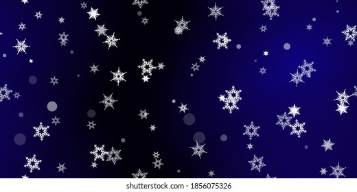Falling Snowflakes seamless pattern. Illustration with flying snow, frost, snowfall. Winter seamless print for christmas celebration on blue night background. Holiday Vector illustration for New Year