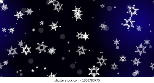 Falling Snowflakes seamless pattern. Illustration with flying snow, frost, snowfall. Winter seamless print for christmas celebration on blue night background. Holiday Vector illustration for New Year
