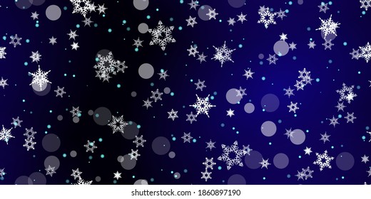 Falling Snowflakes seamless pattern. Illustration with flying snow, frost, snowfall. Winter seamless print for christmas celebration on blue night background. Holiday Vector illustration for New Year