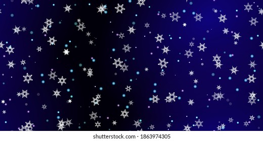 Fallende Schneeflocken nahtloses Muster. Illustration mit fliegendem Schnee, Frost, Schneefall. Winternahtloser Druck für Weihnachten auf blauem nächtlichem Hintergrund. Holiday Vector Illustration für Neujahr