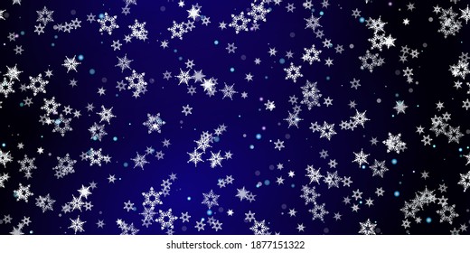 Falling Snowflakes seamless pattern. Illustration with flying snow, frost, snowfall. Winter seamless print for christmas celebration on blue night background. Holiday Vector illustration for New Year 