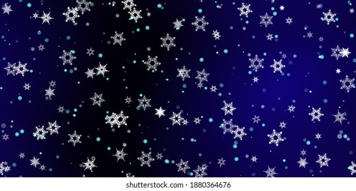 Falling Snowflakes seamless pattern. Illustration with flying snow, frost, snowfall. Winter seamless print for christmas celebration on blue night background. Holiday Vector illustration for New Year 