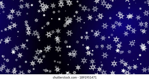 Falling Snowflakes seamless pattern. Illustration with flying snow, frost, snowfall. Winter seamless print for christmas celebration on blue night background. Holiday Vector illustration for New Year 