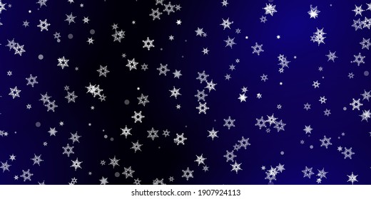 Falling Snowflakes seamless pattern. Illustration with flying snow, frost, snowfall. Winter seamless print for christmas celebration on blue night background. Holiday Vector illustration for New Year 