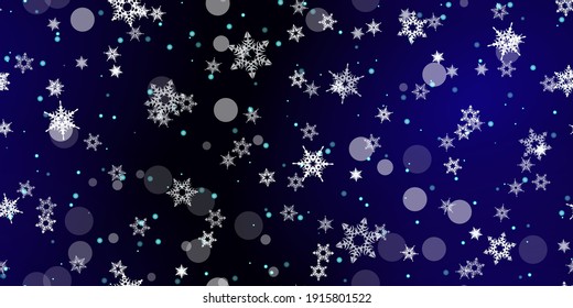 Caer Copos de nieve sin fisuras. Ilustración con nieve voladora, heladas, nevadas. Impresión perfecta de invierno para celebración de navidad en fondo azul de noche. Ilustración de vectores de vacaciones para Año Nuevo 