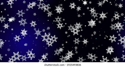 Falling Snowflakes seamless pattern. Illustration with flying snow, frost, snowfall. Winter seamless print for christmas celebration on blue night background. Holiday Vector illustration for New Year 